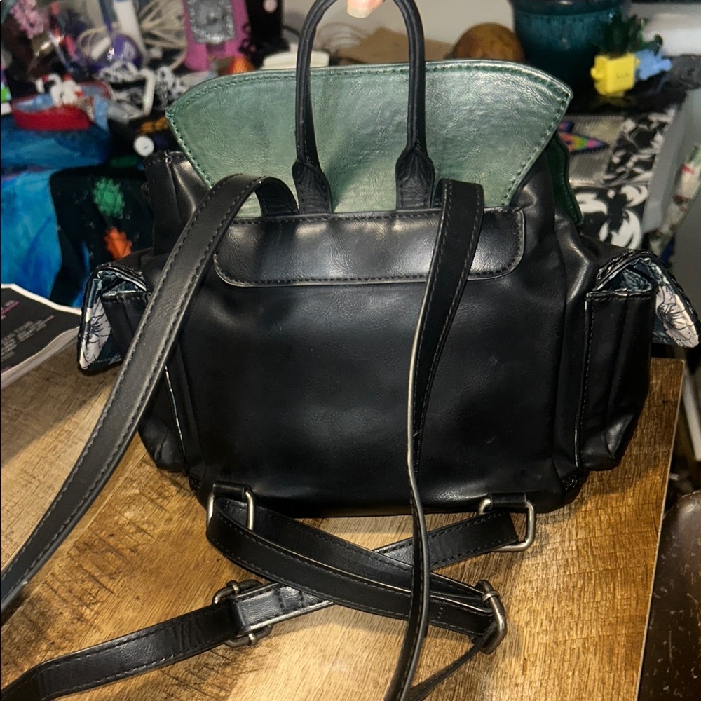 Dolls Kill Black Bucket Bag with Teal Floral Lining - Picture 6 of 8